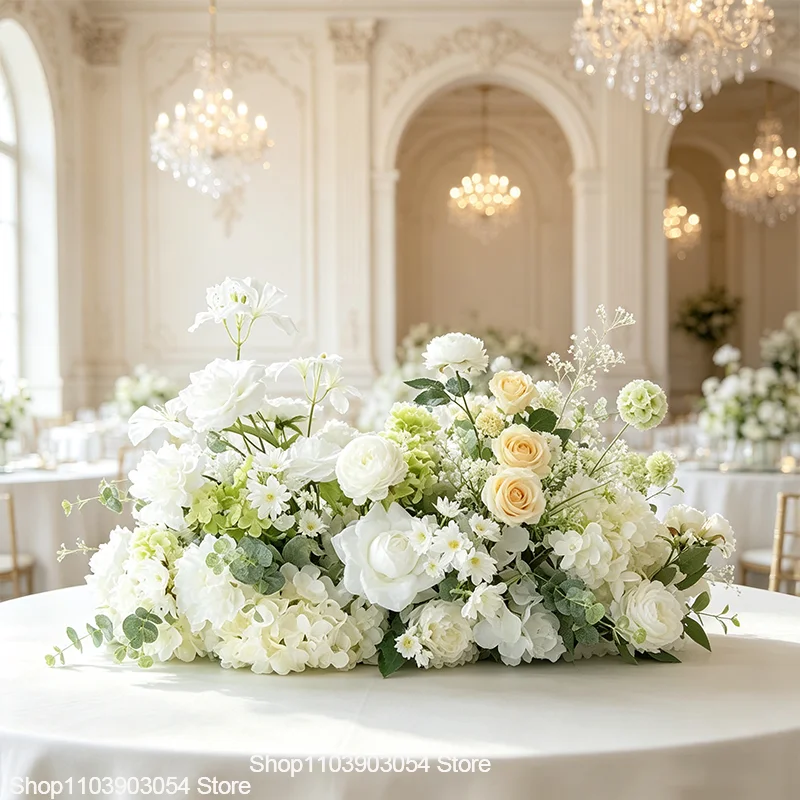 Grüne Pflanzen, Rosen, Hortensien, Künstliche Blumenreihe, Luxuriöse Hochzeitstisch-Mittelstücke, Blumen-Hintergrund-Dekoration, Party-Bühnen-Blumendekoration – Detail 5