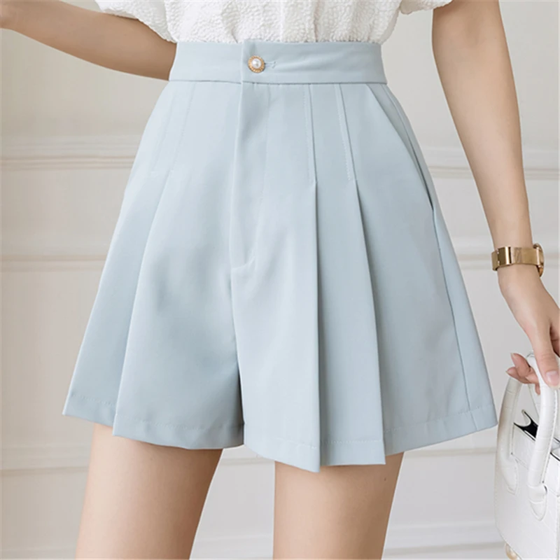 Seoulish High Waist Women\'s Pleated Shorts 2024 Summer Elegant Solid Color Pockets Office Lady Style Casual Short Pants Female