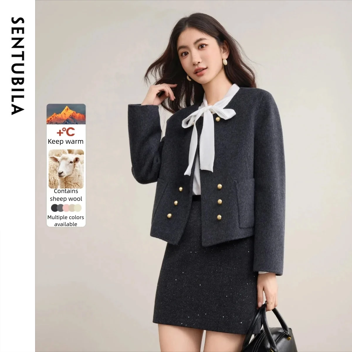 

SENTUBILA Women's Wool Coats 2025 Winter New Collection Short Coats Solid O-neck Long-sleeve Double Breasted Coat W44O56625