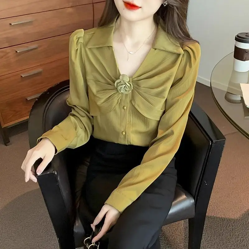 Spring Autumn New Solid Color V-neck Long Sleeve Shirt Women High Street Casual Button Patchwork Cardigan Elegant Pleated Tops