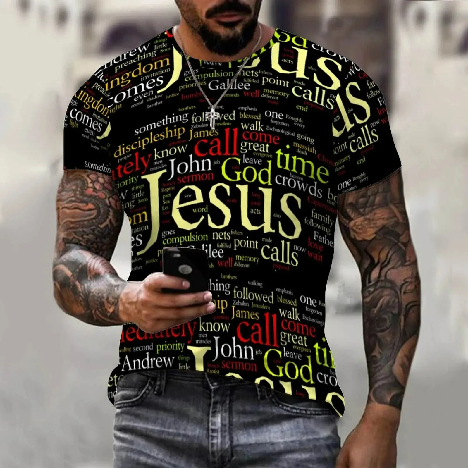 Nieuwe modieuze letter Jezus gedrukt 3D grafische heren T-shirt modieuze straat ronde hals korte mouwen casual top T-shirt