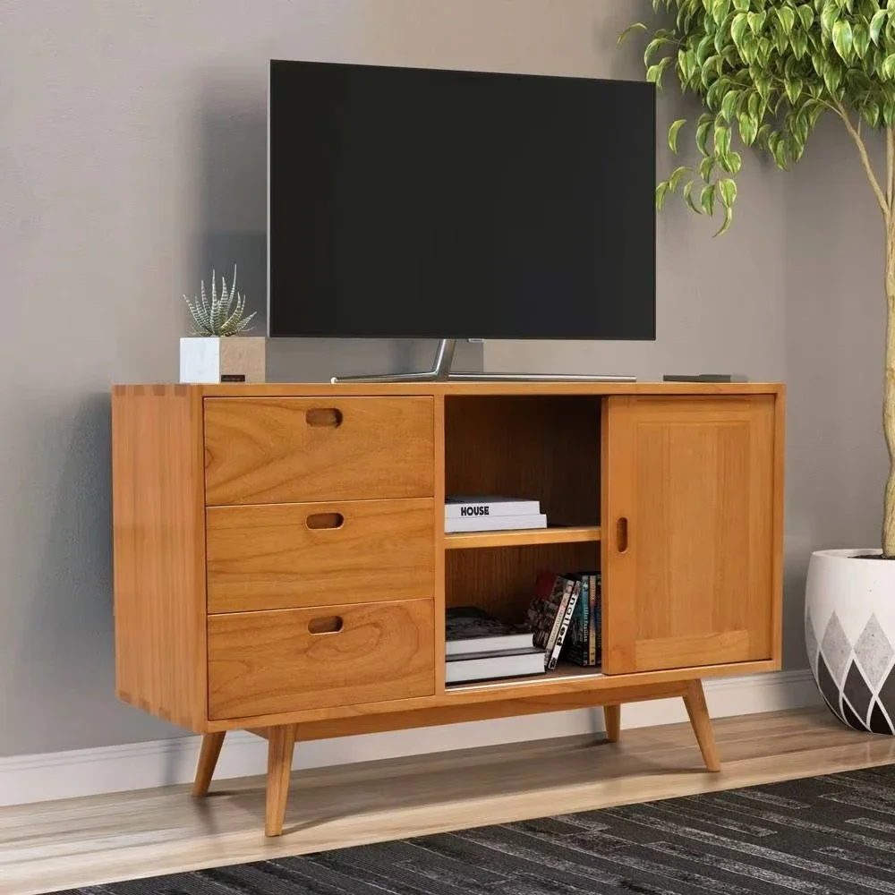 Modern minimalist TV cabinet with solid Mindi tropical wood, with 3 drawers, adjustable height, suitable for family living room