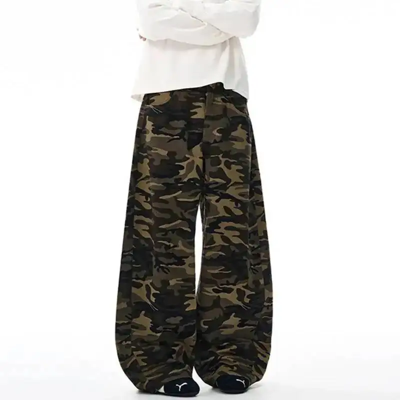 New Trendy Men's Casual Pants Camouflage Wide Leg American Style Bottom Washed All-match Curved Knife Trousers Chic 9W76AM