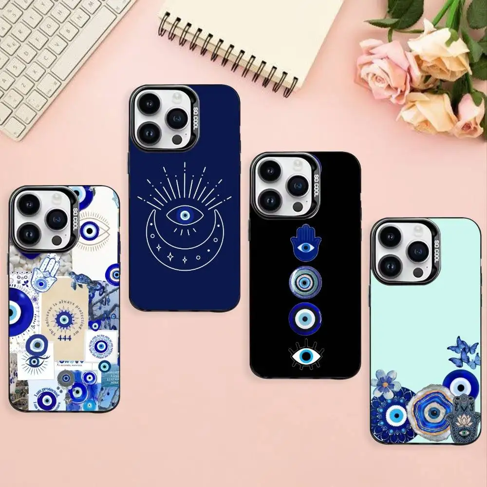 

Turkish lucky blue evil eye Phone Case For iPhone17,16,15,14,13,12,Pro Max Black Colored Silver Plated Inside Cover