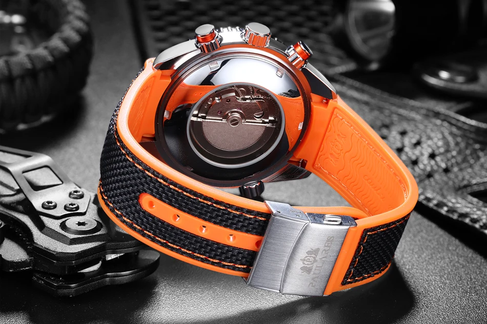 Mannen Automatische Zelf Wind Mechanische Canvas Rubber Strap Oranje Blauw Rood Multifunctionele Datum Maand Horloge