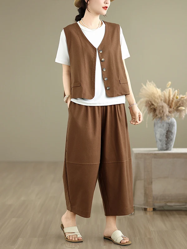 Modny komplet z czystej bawełny i lnu: top na ramiączkach z dekoltem w serek zapinany na guziki i spodnie o prostych nogawkach o długości 7/8 lub szerokich nogawkach, styl casual, dwuczęściowy...