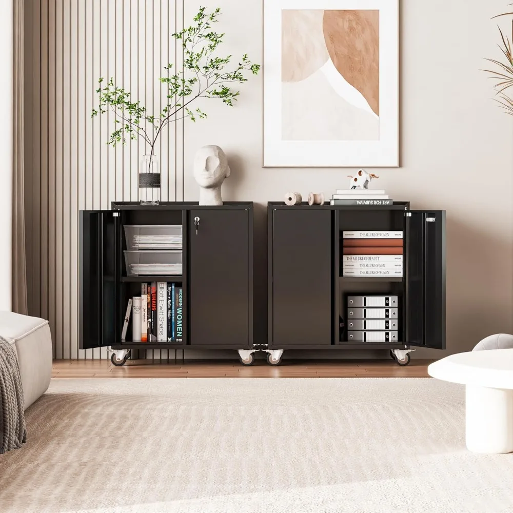 Металлический комод для инструментов на колесиках с замком и колесиками, 2-дверный стальной шкаф для хранения в гараже с регулируемыми полками