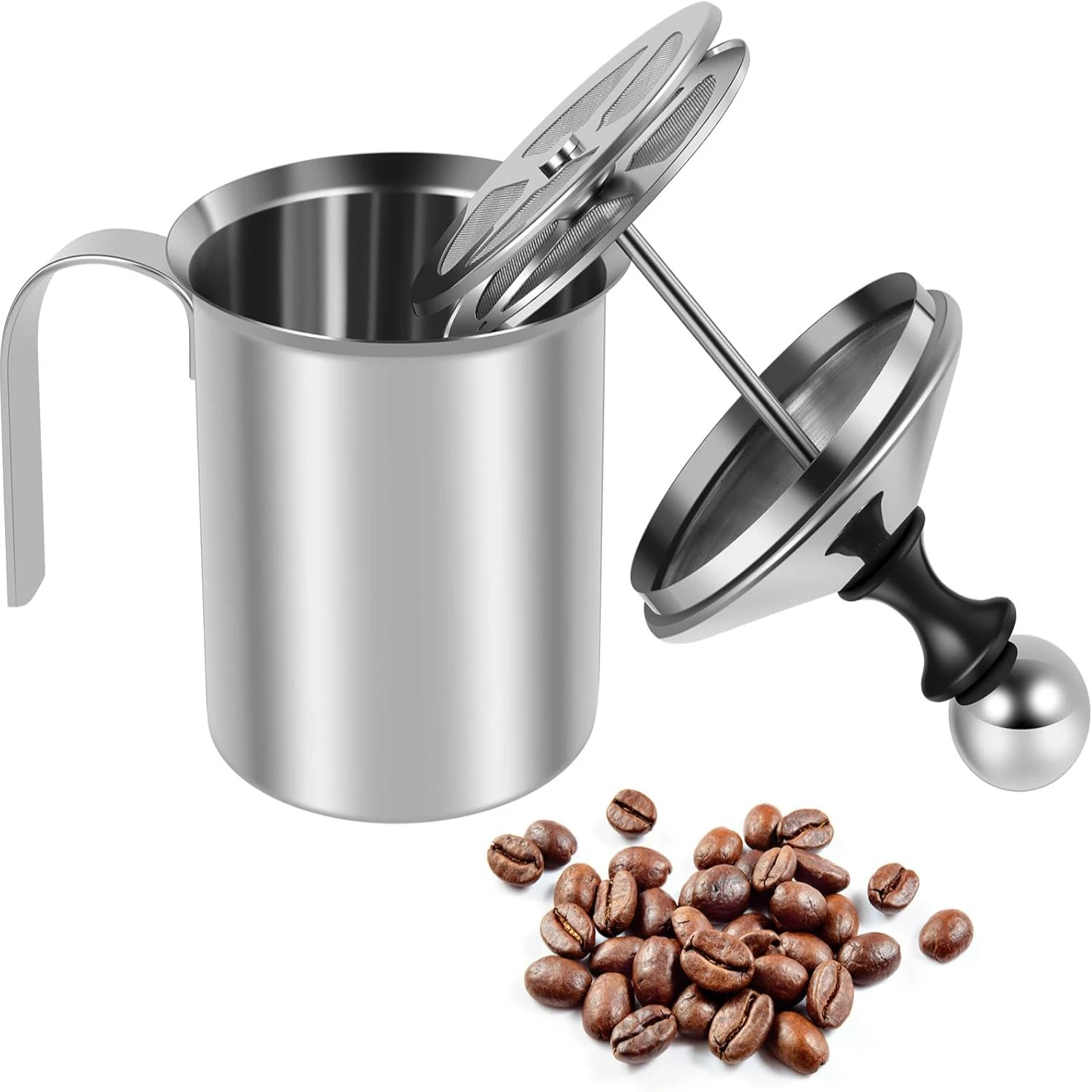 

Manual Milk Frother 400ML 304 Stainless Milk Foamer with Handle Lid Double Mesh Cold Cappuccino Foamer Milk Creamer for Coffee