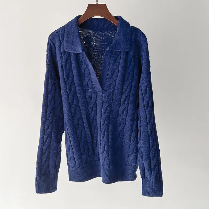 

Women's Loose-Fit Wool Sweater with Polo Collar and 3D Twisted Cable Knit Pattern