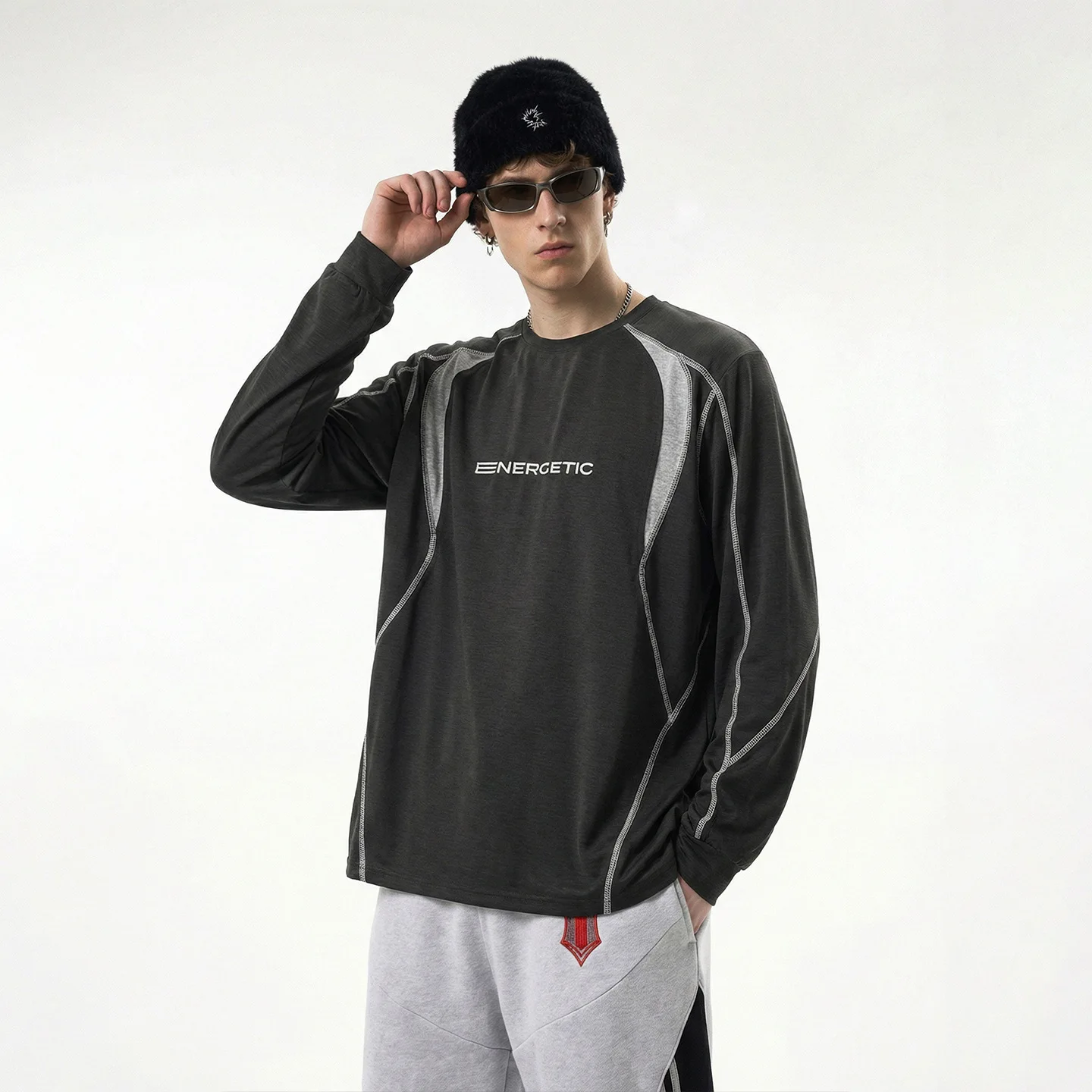 

Мужская спортивная футболка Glow Box 2026SS с длинным рукавом, влагоотводящая, свободного кроя, из полиэстера, с круглым вырезом и буквенным принтом