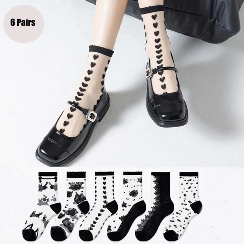 6 Pairs/Set Women's Mesh Floral Print Mid Tube Socks Crystal Glass Short Thin Socks Women's Stockings Hosiery Short Thin Socks