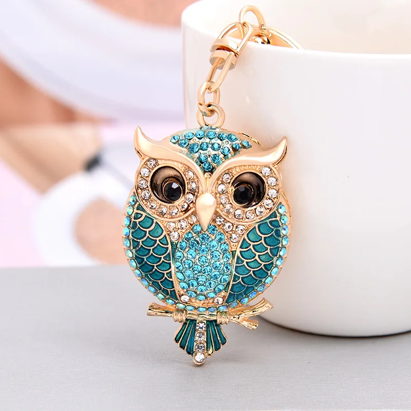 Cute Rhinestone Crystal Green Fat Owl Bird Keychain Animal Key Chain Key Ring Holder Pendant Keyring