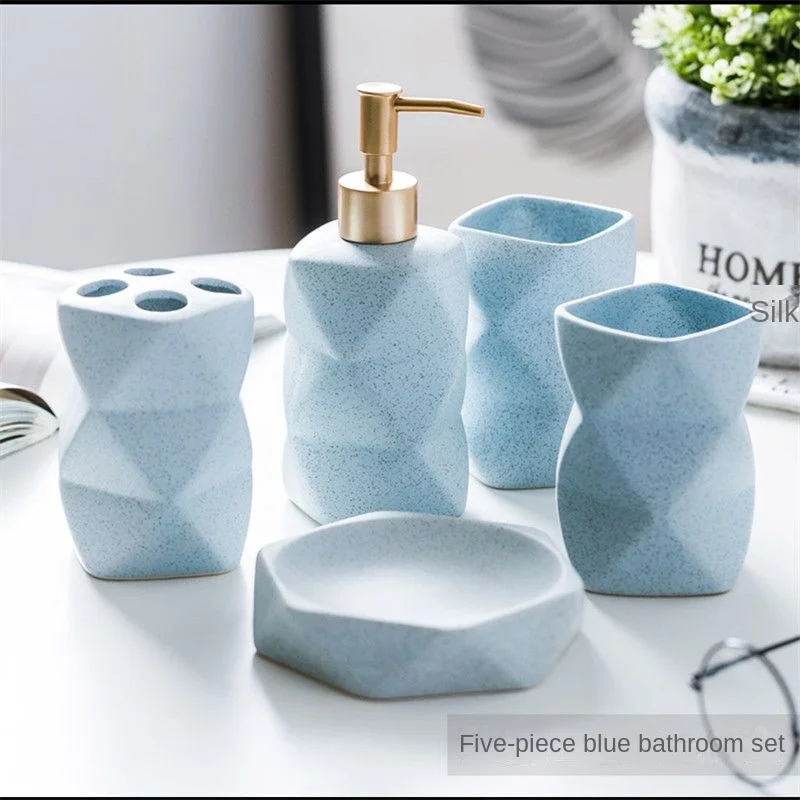 Luxury Bathroom Ceramic Five-piece Set Mouthwash Cup Toothbrush Holder Bathroom Accessories Geometric Lotion Bottle Soap Dish