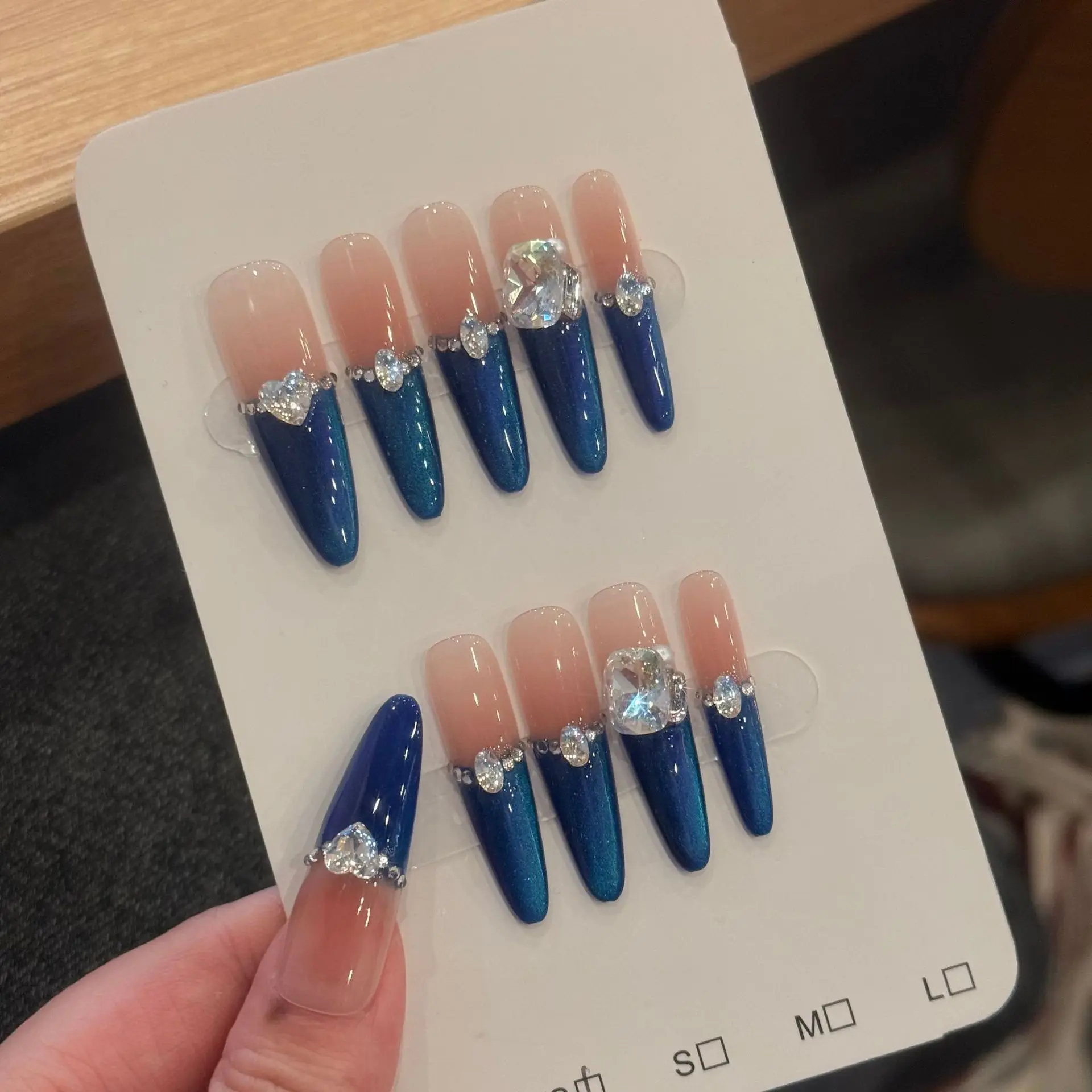 

10PCS Handmade Klein Blue Cat's Eye French False Nails Press On Nails Glitter Diamond Decor Long Almond Tip Fake Nails Removable