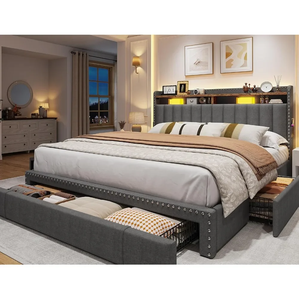 

Queen Bed Frame with 3 Drawers & 2-Tier Storage Headboard，Platform Bed Frame with Storage，Wood Slats Support，No-Noise，Bed Frame