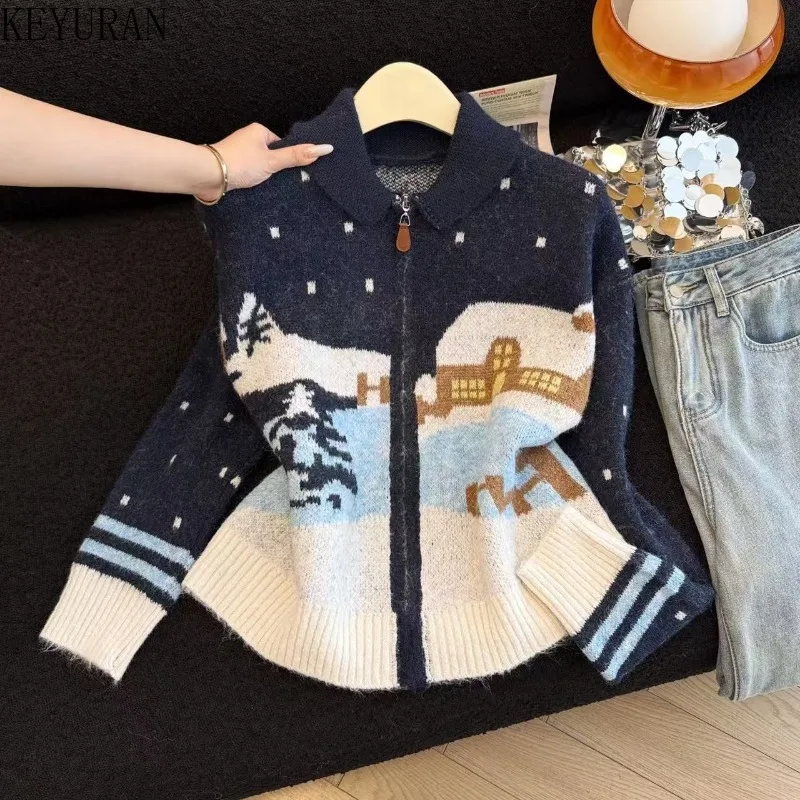 

Винтажный вязаный кардиган на молнии с принтом, женский осенне-зимний свитер в стиле Харадзюку с длинными рукавами, верхняя одежда, корейский трикотаж, свободные джемперы