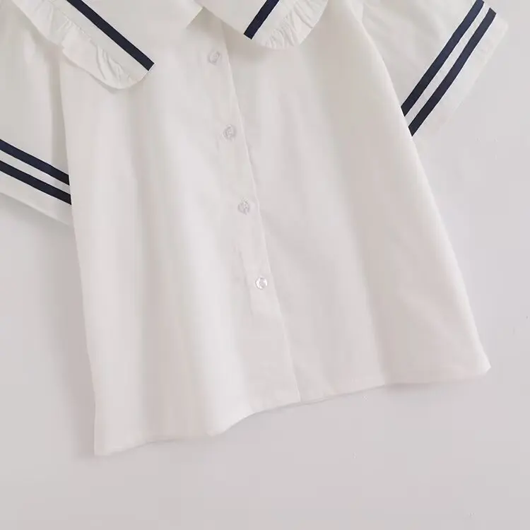 جديد 2025 قميص قطني بأكمام قصيرة للخريف ، زر مرقع بياقة بحار للسيدات ، بلوزة فضفاضة على طراز موري جيرل على طراز بريبي T570108CC