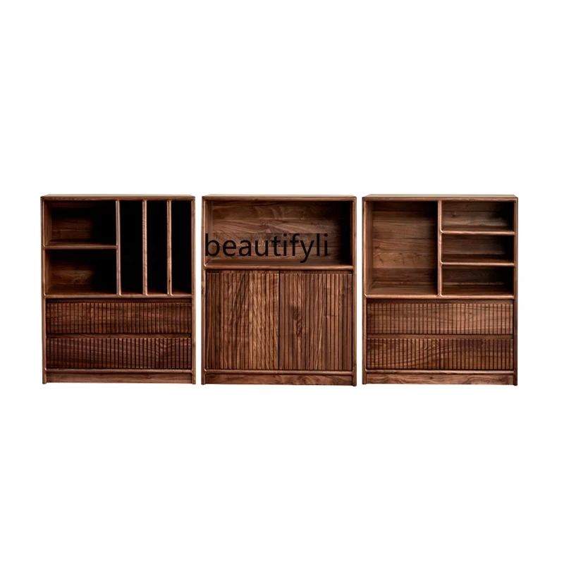 Nordic Black Walnut Low Bookcase Solid Wood Locker Modern Wall Floor Combination Bookshelf