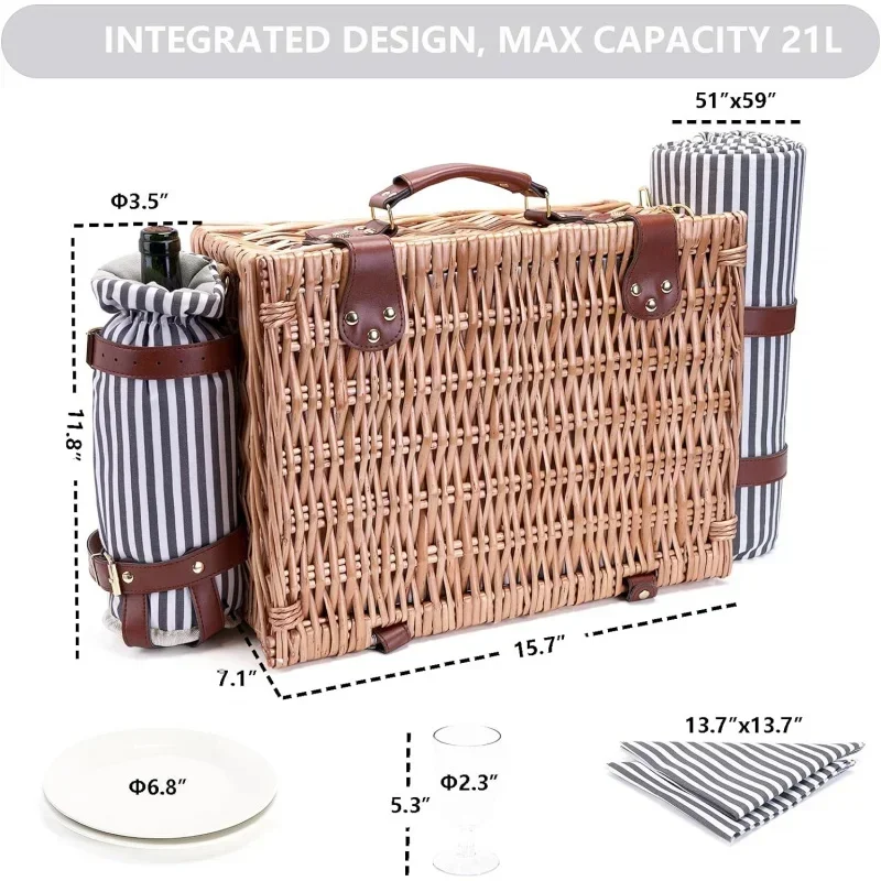 

# Basket With Blanket And Wine Pouch For 2 Wicker Picnic Set With Insulated Liner Cooler Bag Hamper For Camping,Wedding,Valenti