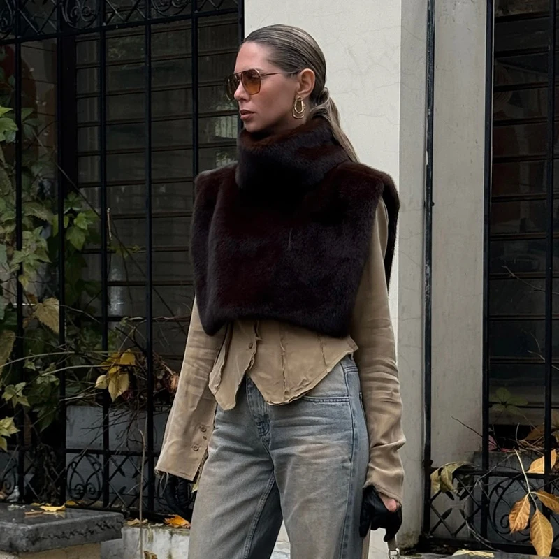 CUTENOVA Solid Color Half Turtleneck Furry Sleeveless Top Patchwork Short Section Pullover Top 2024Fall Woman'S Clothing Street image 5