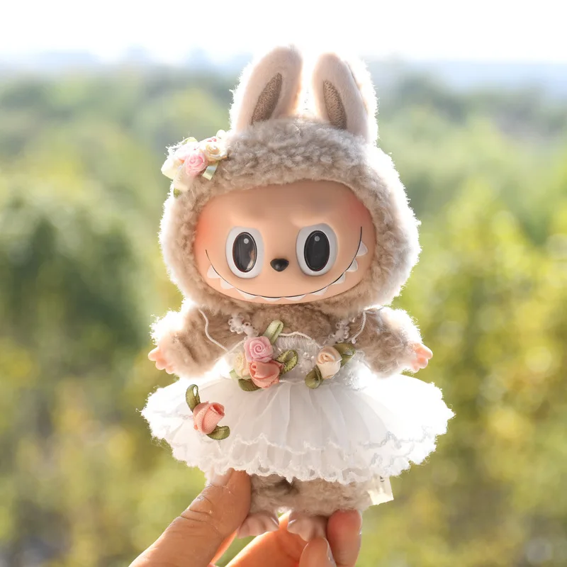 Cute Mini Plush Doll Clothes, 17cm, Outfit Acessórios para Coréia Kpop Exo Labubu Idol Dolls, Macacão Chapéu, DIY Kids Gift