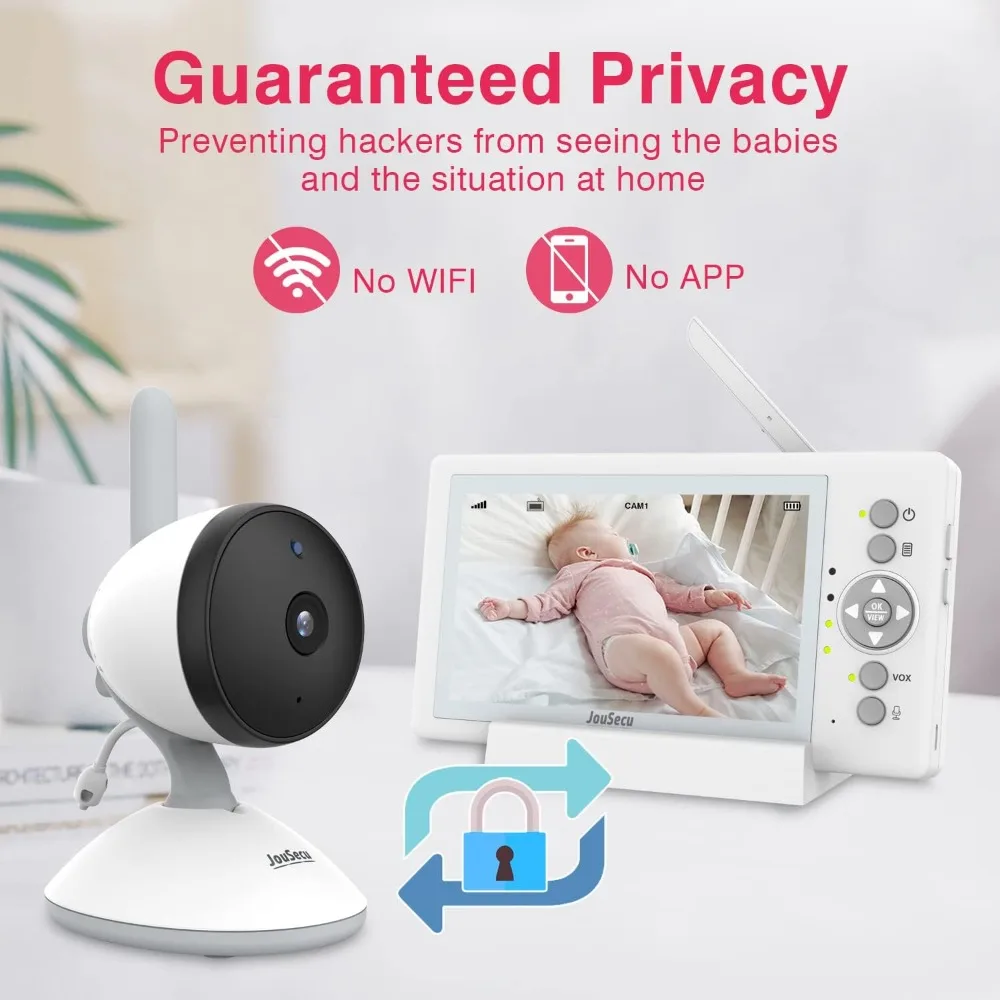 Baby Monitor with 2 Cameras, Video Baby Monitor with Camera and Audio No WiFi, 5 inch Split Screen with 20Hour Long Battery Life