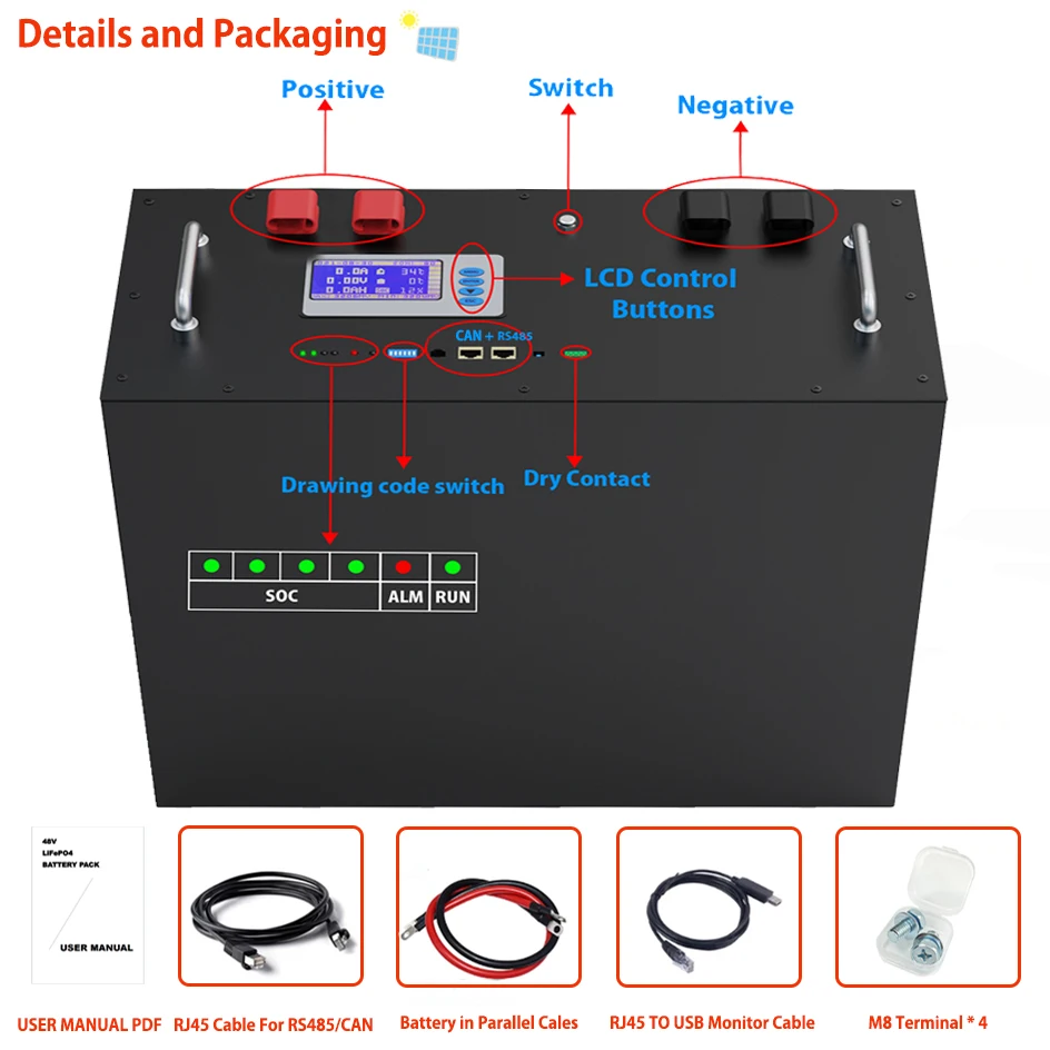 48V 230Ah 200Ah LiFePO4 Battery Pack 51.2V 12Kw 10Kw 6000 Cycles 32 Parallel PC Monitor Inverter Battery Built-in CAN RS485 BMS