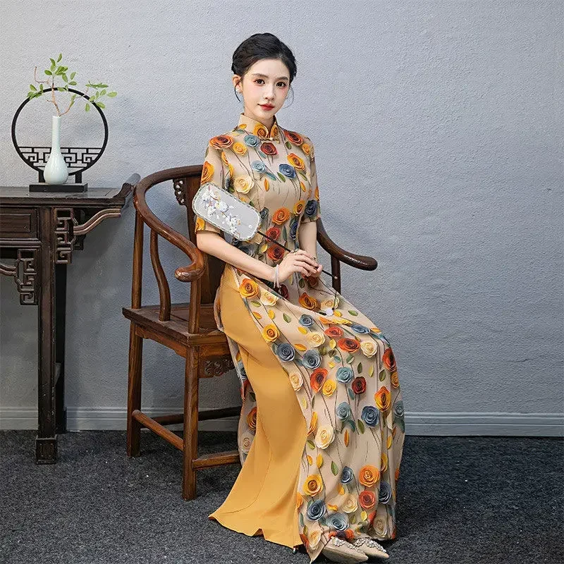 Vietnam Traditional Dress Ao Dai National Flower Print Cheongsam Oriental Improved Qipao Party Banquet Evening a-line Dress