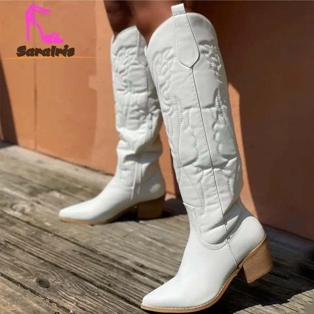 Cowgirl Western Boots 2023 Hot Fashion Pointed Toe Embroidery Vintage Style Country Knee-high Boots Retro Dress Comfort Walking