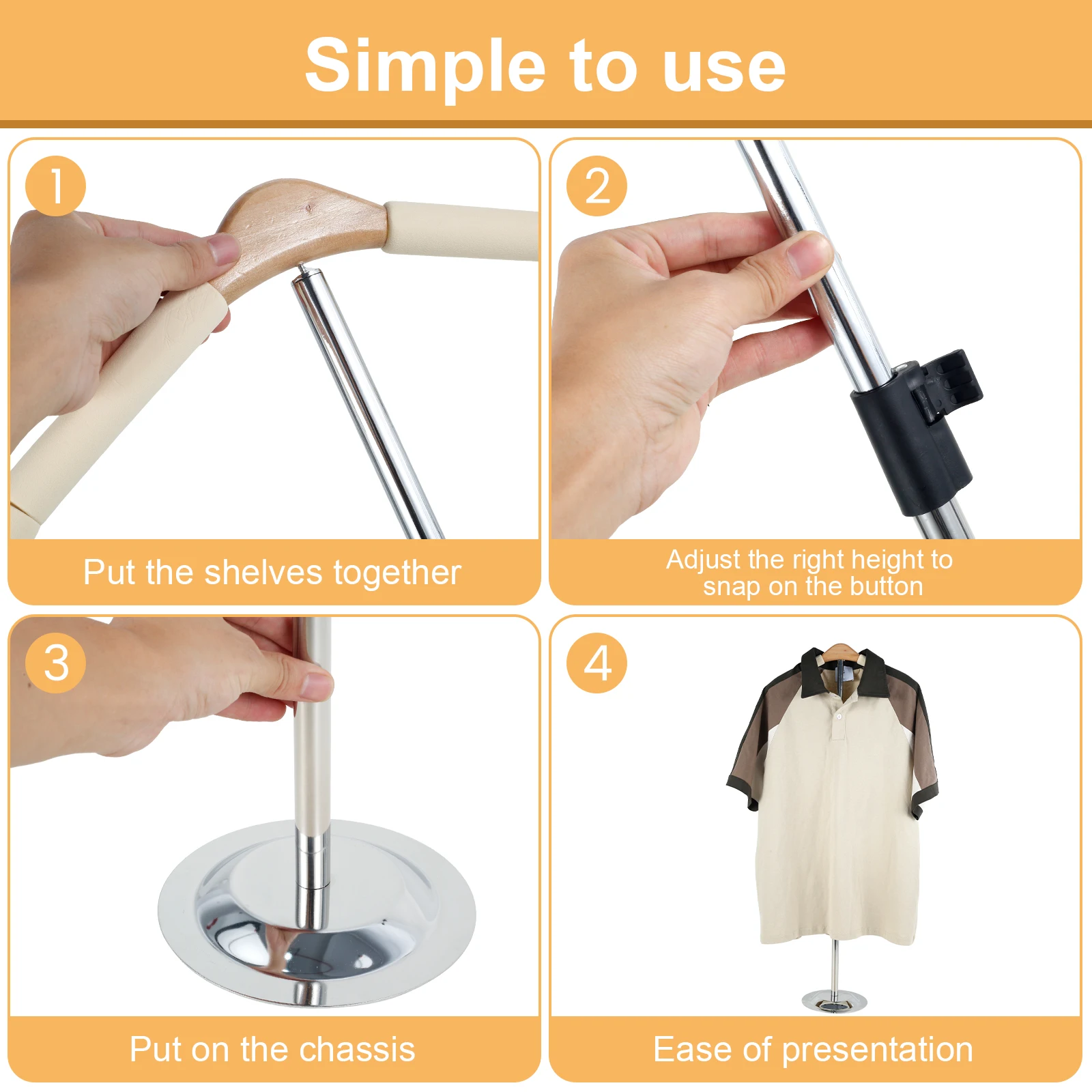 حامل عرض تي شيرت بارتفاع قابل للتعديل، حامل عرض الملابس المعدنية مع قاعدة ثابتة، ملابس معلقة متعددة الأغراض