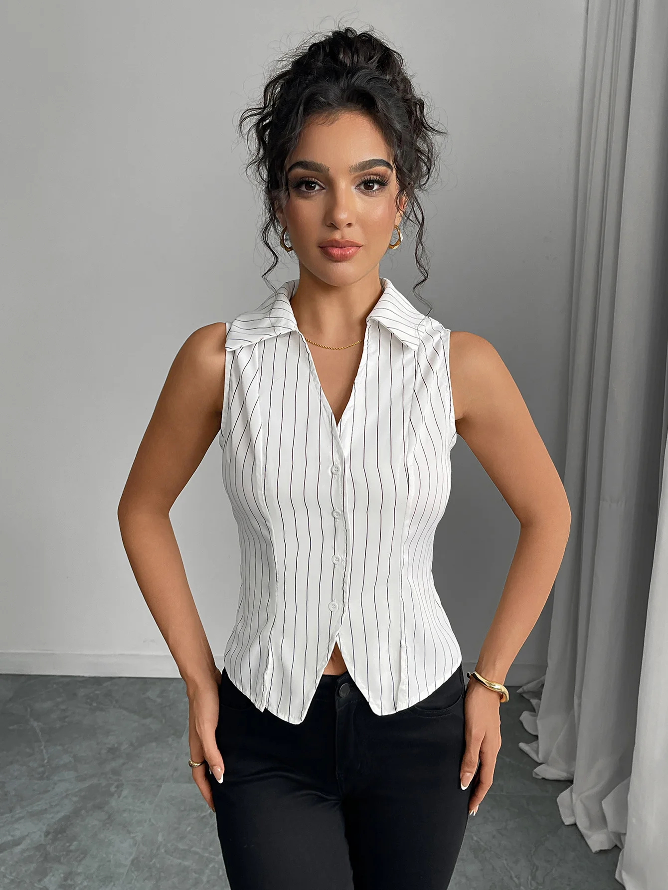 

Women s 2025 Summer Sleeveless Striped Shirt Slim Fit Button Down Blouse Casual Office Wear Open Front Tops
