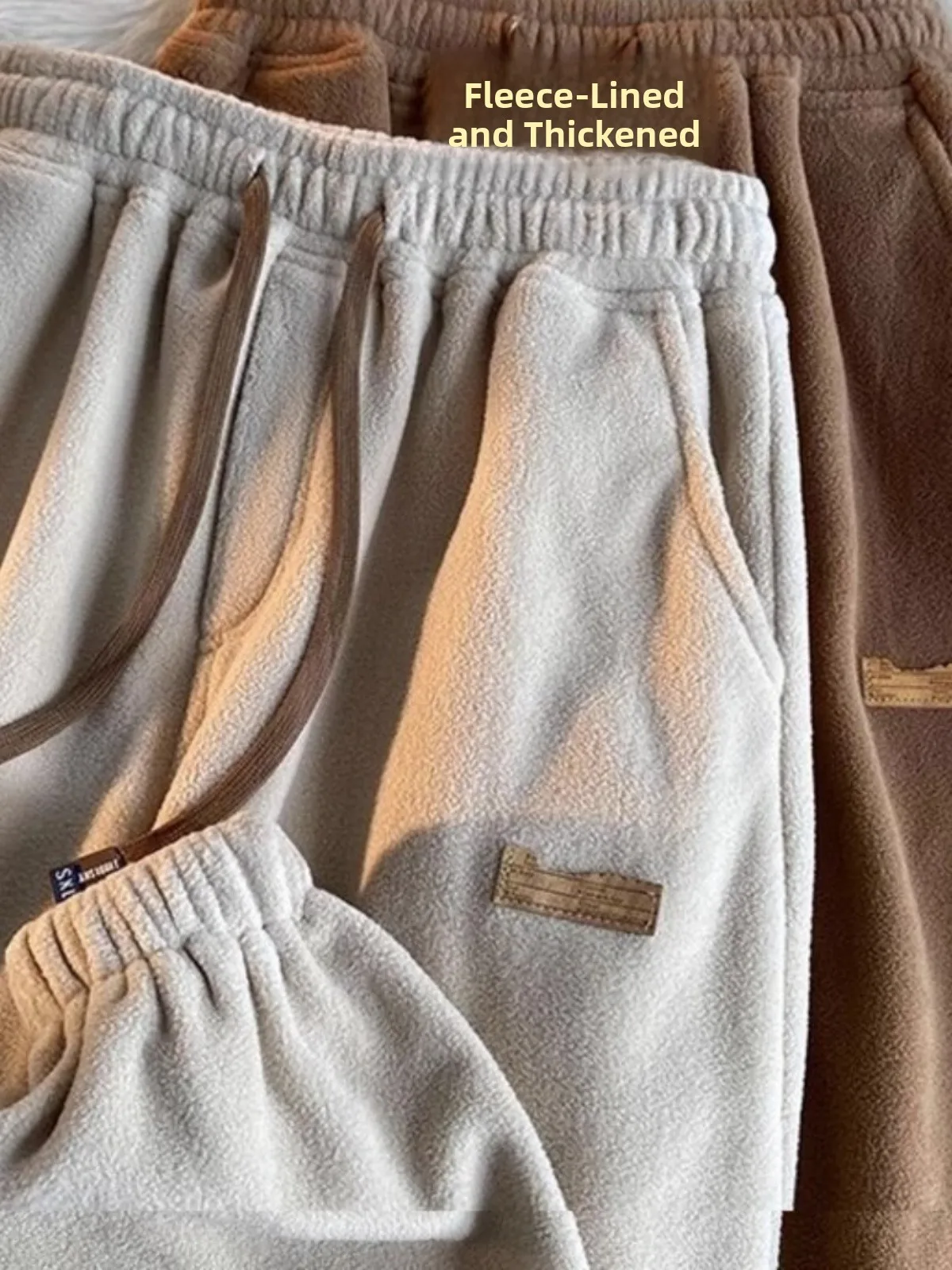 

Мужские зимние брюки из утолщенного меха ягненка с флисовой подкладкой, повседневные, теплые, свободного кроя, на шнурке, из смесового полиэстера и спандекса