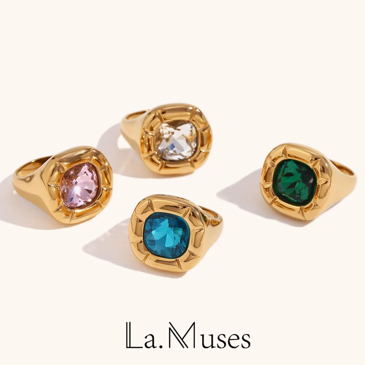 La. Muses Rounded Square Flower Colored Zircon Stainless Steel Women's Ring Elegant Fashion Jewelry Christmas Gift Accessories