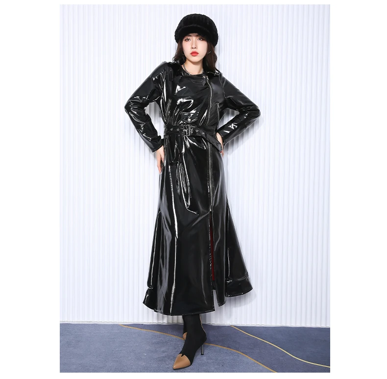 Nerazzurri Autumn Long Fitted Reflective Shiny Soft Stretchy Black Patent Faux Leather Biker Coat Women Zipper European Fashion
