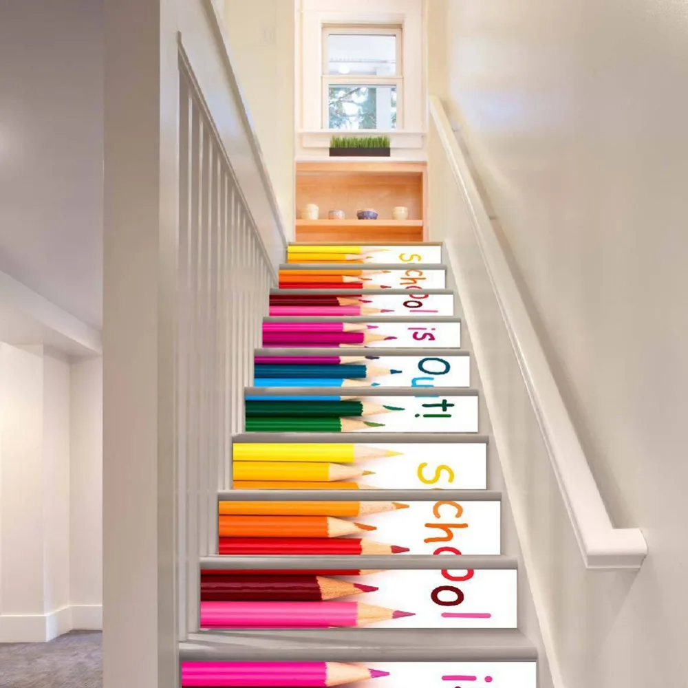 Autocollants d'escalier en PVC, 6 pièces, 18x100cm, motif pinceau coloré, autocollants de sol amovibles, autocollants muraux imperméables, décoration de la maison