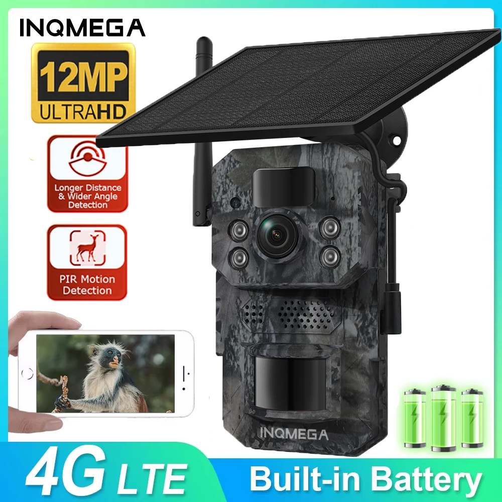 INQMEGA 4G Cellular 12MP 4K Battery Solar PIR Motion Activated Wildlife Hunting Trail Camera IP66 Outdoor Night Vision GPS