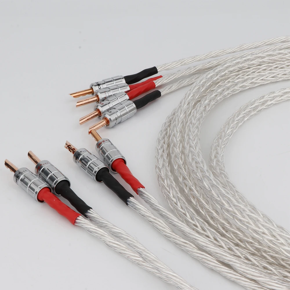1 Pair HiFi 8AG OCC silver plating Speaker Audio Cable 16-Core Speaker Cord Wire Red Copper Banana Plugs