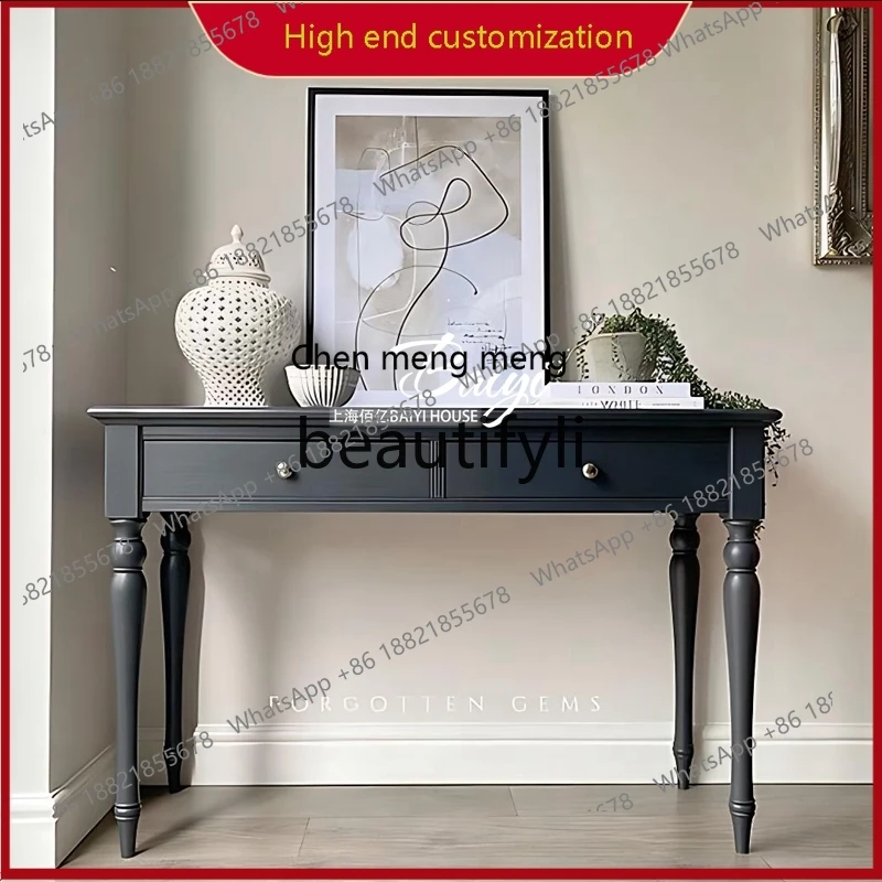 A32 French Retro Entryway Table Against the Wall Solid Wood High-Leg Entryway Table Living Room Ultra-Narrow Entryway Cabinet