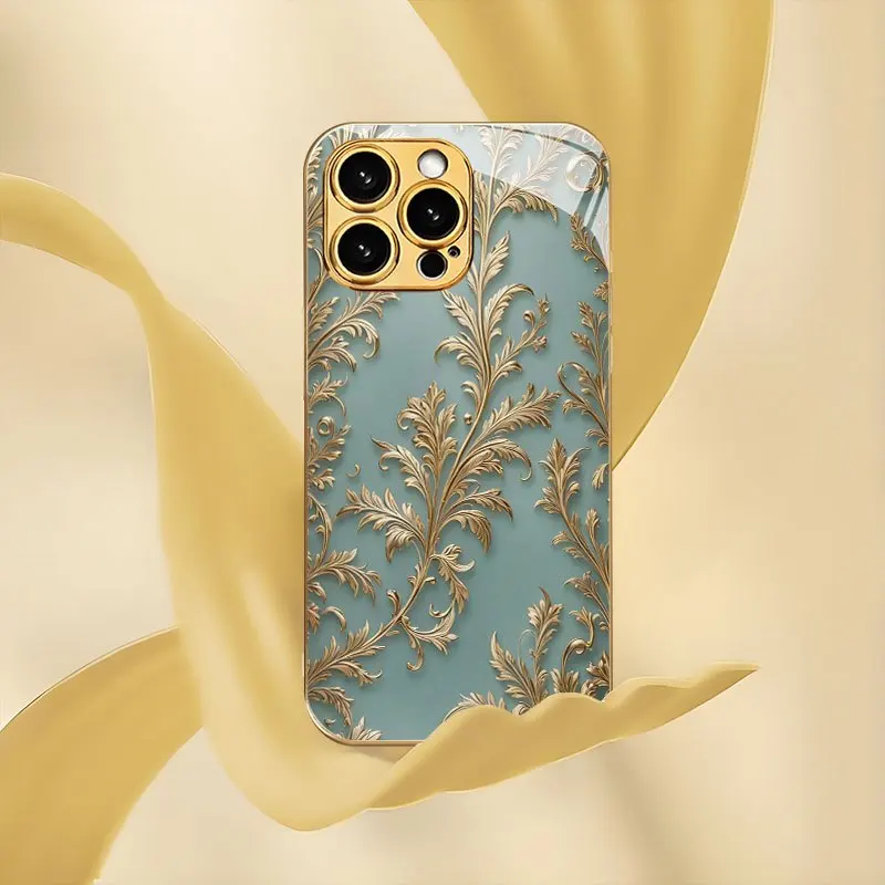 

Blue Gold Baroque Floral For iphone 17 case fashion phone cases Glass Phone Case for iPhone 17、16、15、14、13、12、11pm Pro Plus