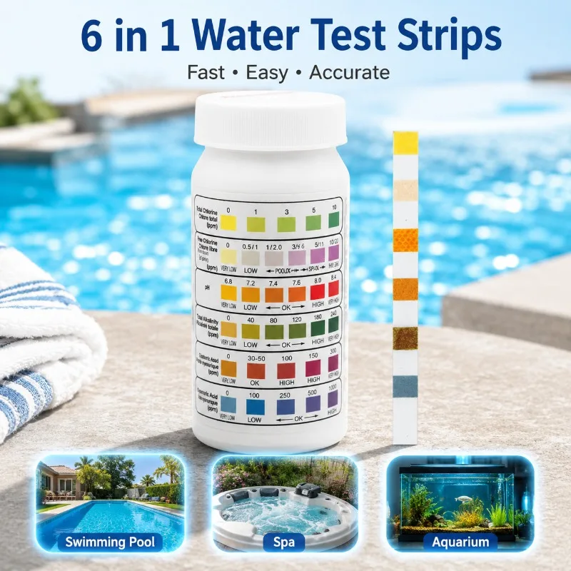 tiras-de-teste-de-Agua-para-piscina-6-em-1-detectam-cloro-livre-ph-alcalinidade-total-dureza-e-Acido-cianurico-leitura-rapida