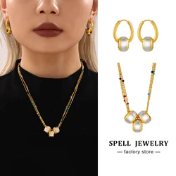 Small Beads Chain Necklace Earring In Stainless Steel With Two Tone Circle Pendant 18k Gold Plated Necklaces Earrings For Women