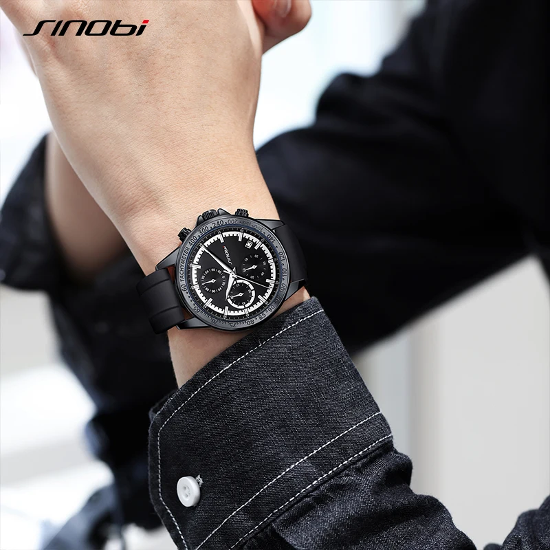 SINOBI Top Brand Silicone Strap Men's Watches Man's Sports Quartz Wrist  watches Chronograph Luminous Hands Gifts Clock for Male