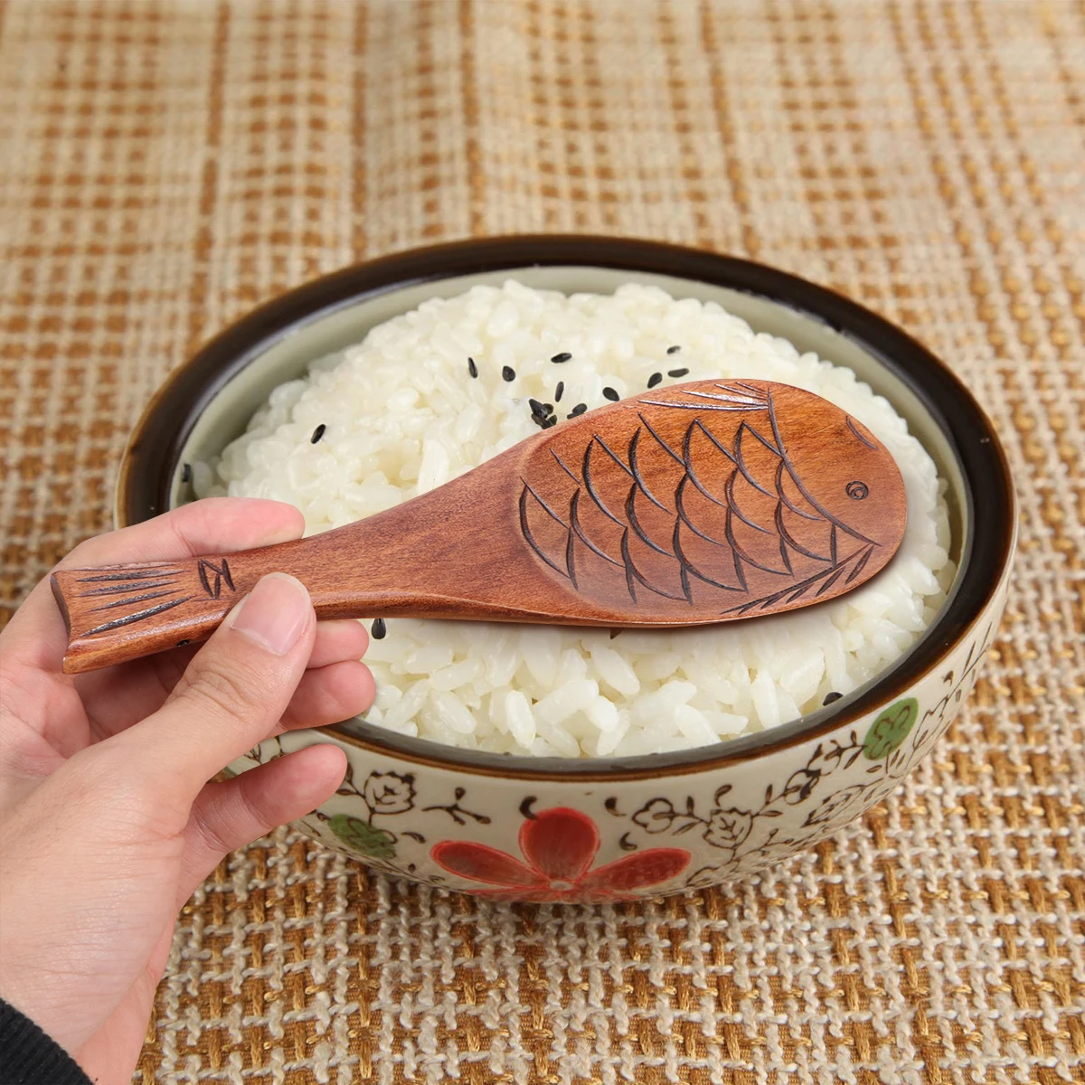 

Fish Shape Wooden Rice Spoon Retro Style Heat Resistant Non Scratch Kitchen Tool For Cooking Serving Mixing Paddle