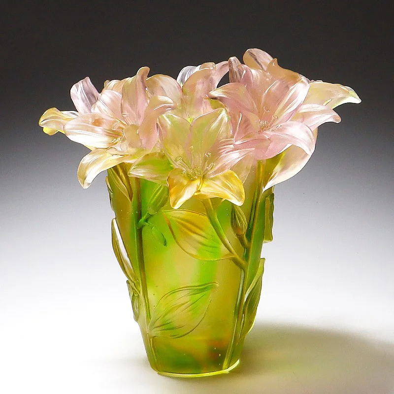 Light Luxury Real Crystal 3D Colored Glaze Lilies Vase Super Beautiful Lily Flowers Home Decor Living Room Table Glass Artworks