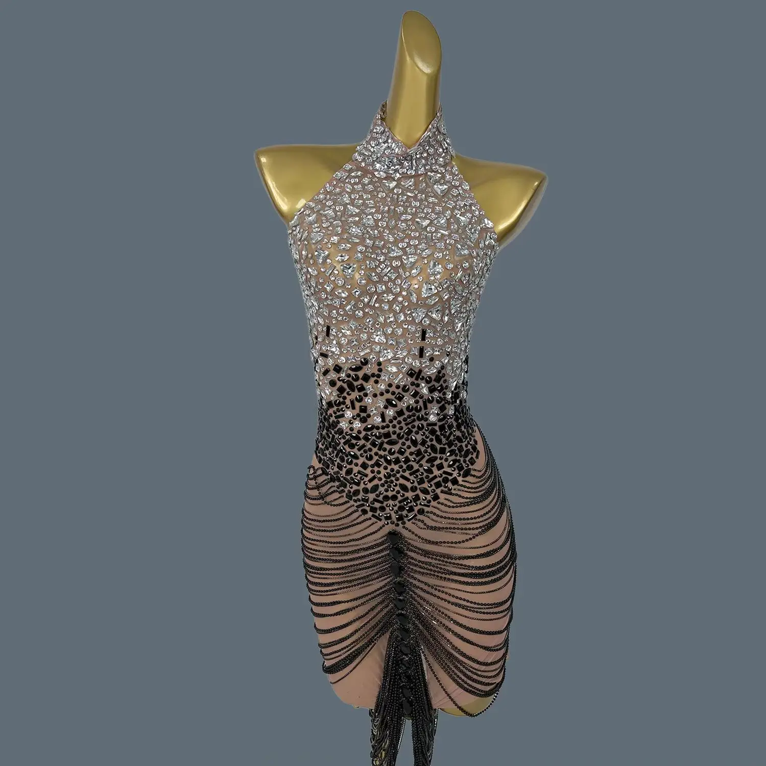 

Sparkly Crystals Chains Celebrate Birthday Evening Dress Photography Dress Sexy Halter Backless Sheer Mesh Skinny Dress Diandao