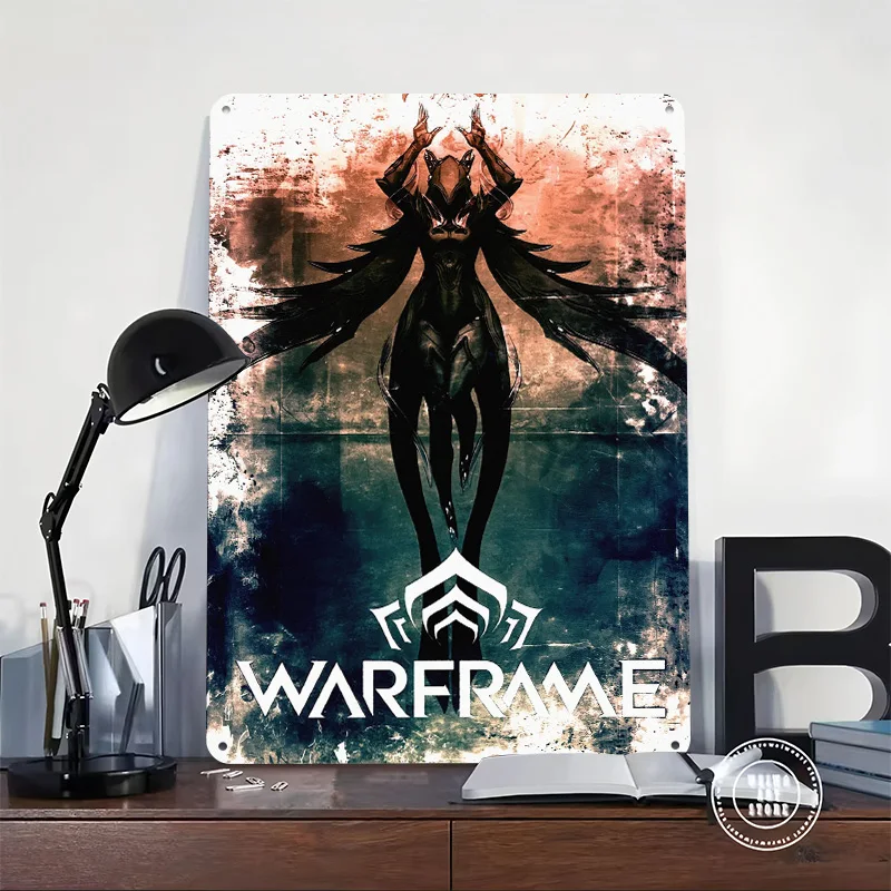 Warframe With Dark Figure Metal Poster Custom Wall Art Retro Vintage Tinplate Signs for Man Cave Room Accessories Desk Decor