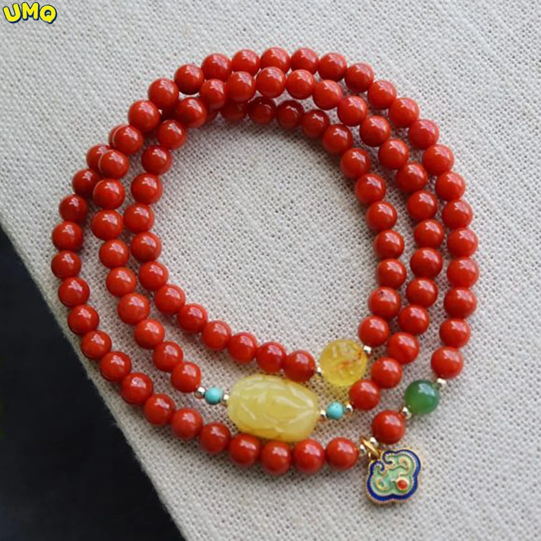 

Natural Sichuan Ingredients: Daliang Mountain Nine Mouth Full Color Meat South Red Three Ring Bracelet with Honey Wax Pixiu Hand