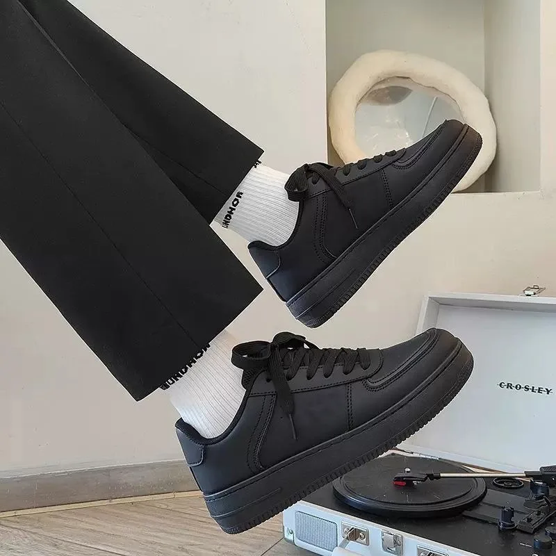 Women Solid Black  Platform Board Sneakers Faux Leather Upper Non‑Slip Thick Rubber Sole Versatile Daily Walking Ladies Footwear