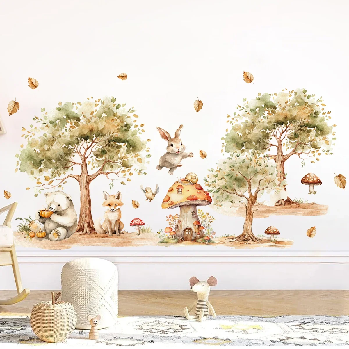 2Pcs Rural Tree Fox Rabbit Bear Wall Stickers Baby Room Decor for Home Decoration Essentials Kids Room Wall Decals Living Room