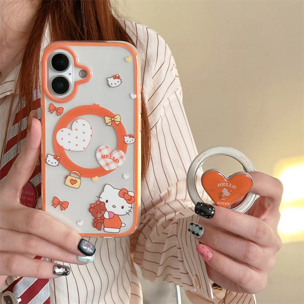 

Korea INS Wave Dot Love Magnetic Phone Case for iPhone 17 Pro 16 15 Pro Max 16 Pro Fundas Hellokitty With Magsafe Holder Stand